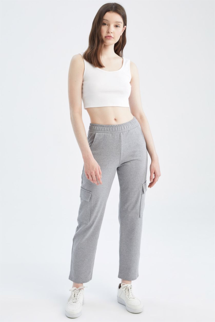 Kadın Açık Gri Coool Regular Fit Kargo Cepli Pantolon
