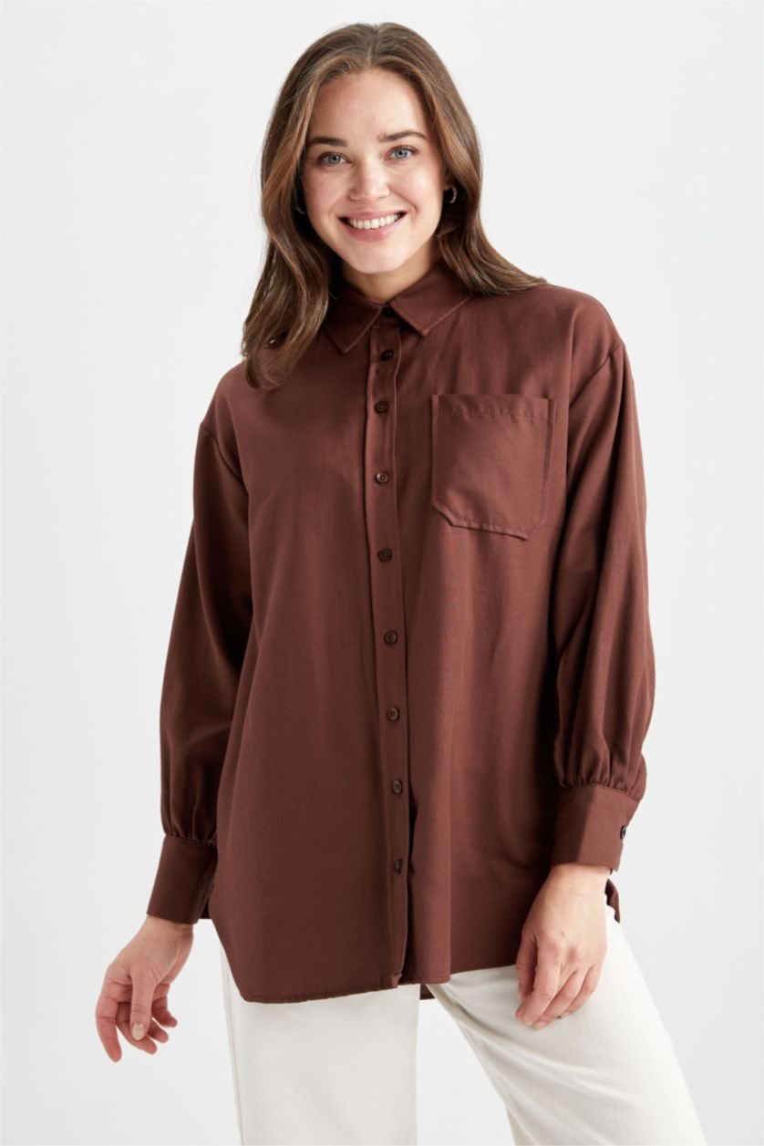 WOMAN Brown Relax Fit Flanel Long Sleeve Tunic