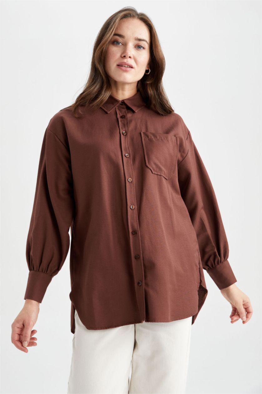 WOMAN Brown Relax Fit Flanel Long Sleeve Tunic