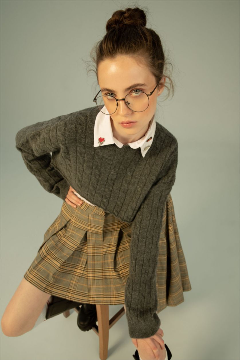 WOMAN Grey Melange Oversize Fit Crew Neck Crop Knit Knitwear Sweater