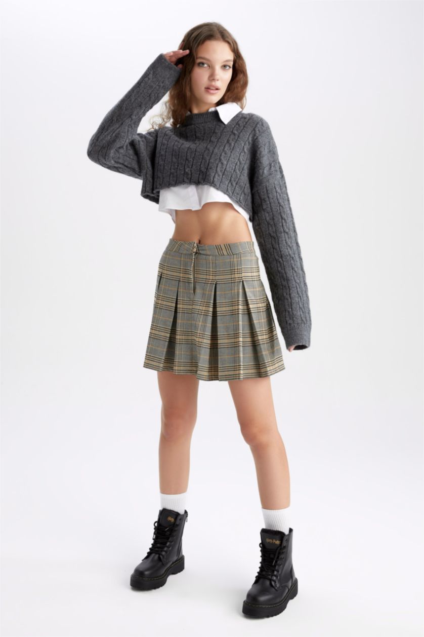 WOMAN Grey Melange Oversize Fit Crew Neck Crop Knit Knitwear Sweater