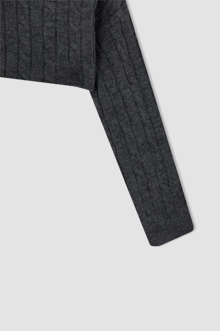 WOMAN Grey Melange Oversize Fit Crew Neck Crop Knit Knitwear Sweater