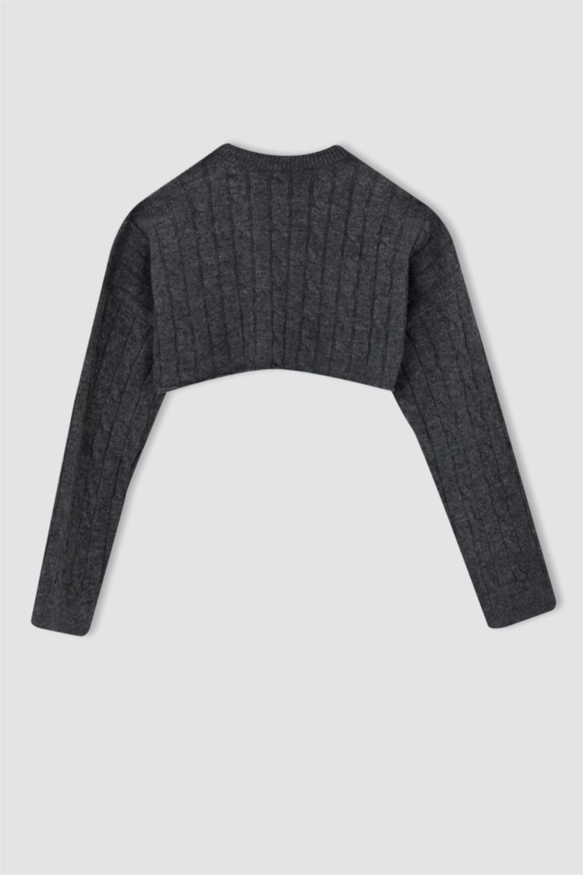 WOMAN Grey Melange Oversize Fit Crew Neck Crop Knit Knitwear Sweater