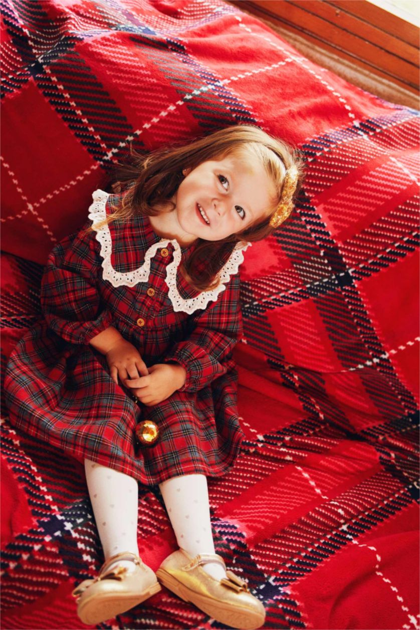 Baby Girl Red Regular Fit Plaid Long Sleeve Woven Dress