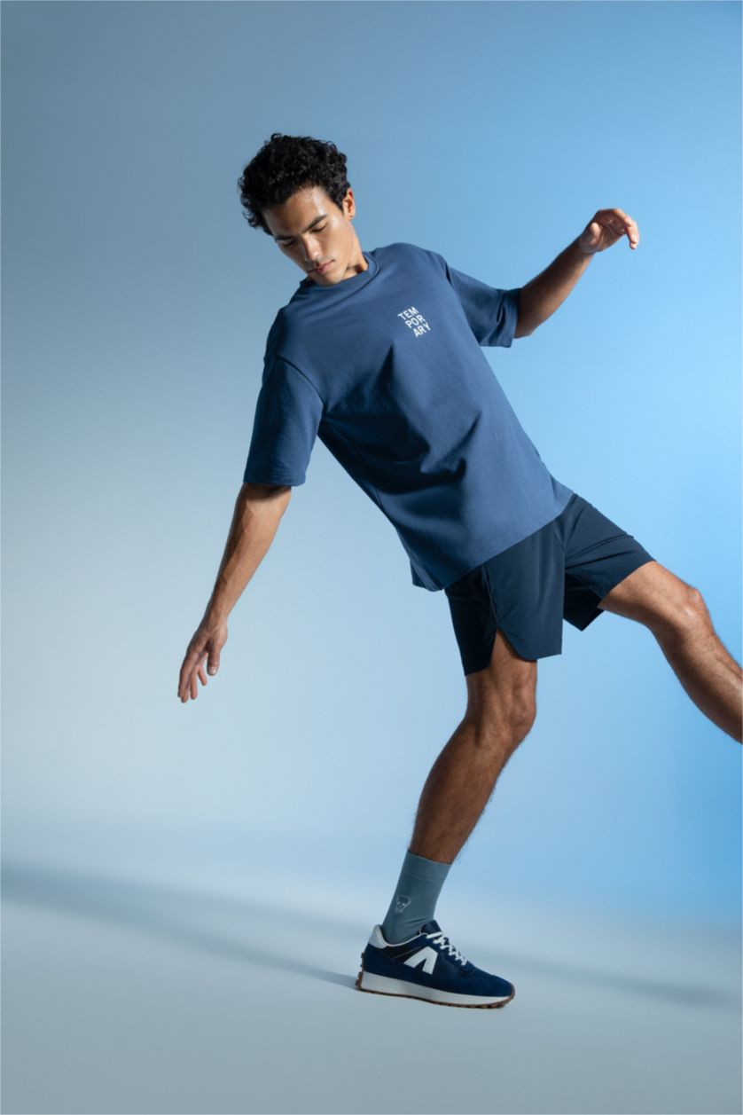 Man Indigo Defacto Fit Oversize Fit Crew Neck Sportsman T-Shirt