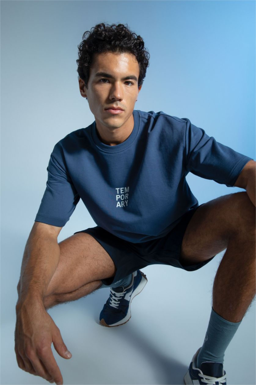 Man Indigo Defacto Fit Oversize Fit Crew Neck Sportsman T-Shirt