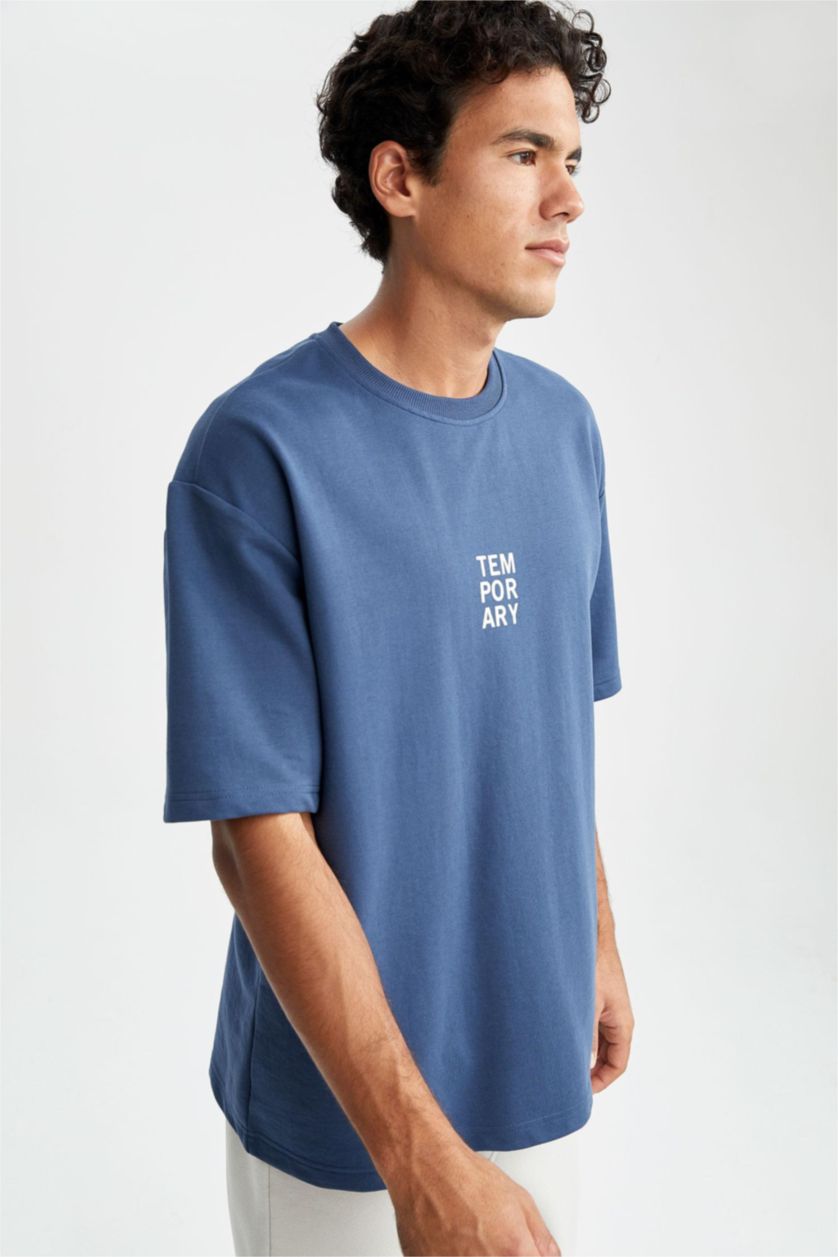 Man Indigo Defacto Fit Oversize Fit Crew Neck Sportsman T-Shirt