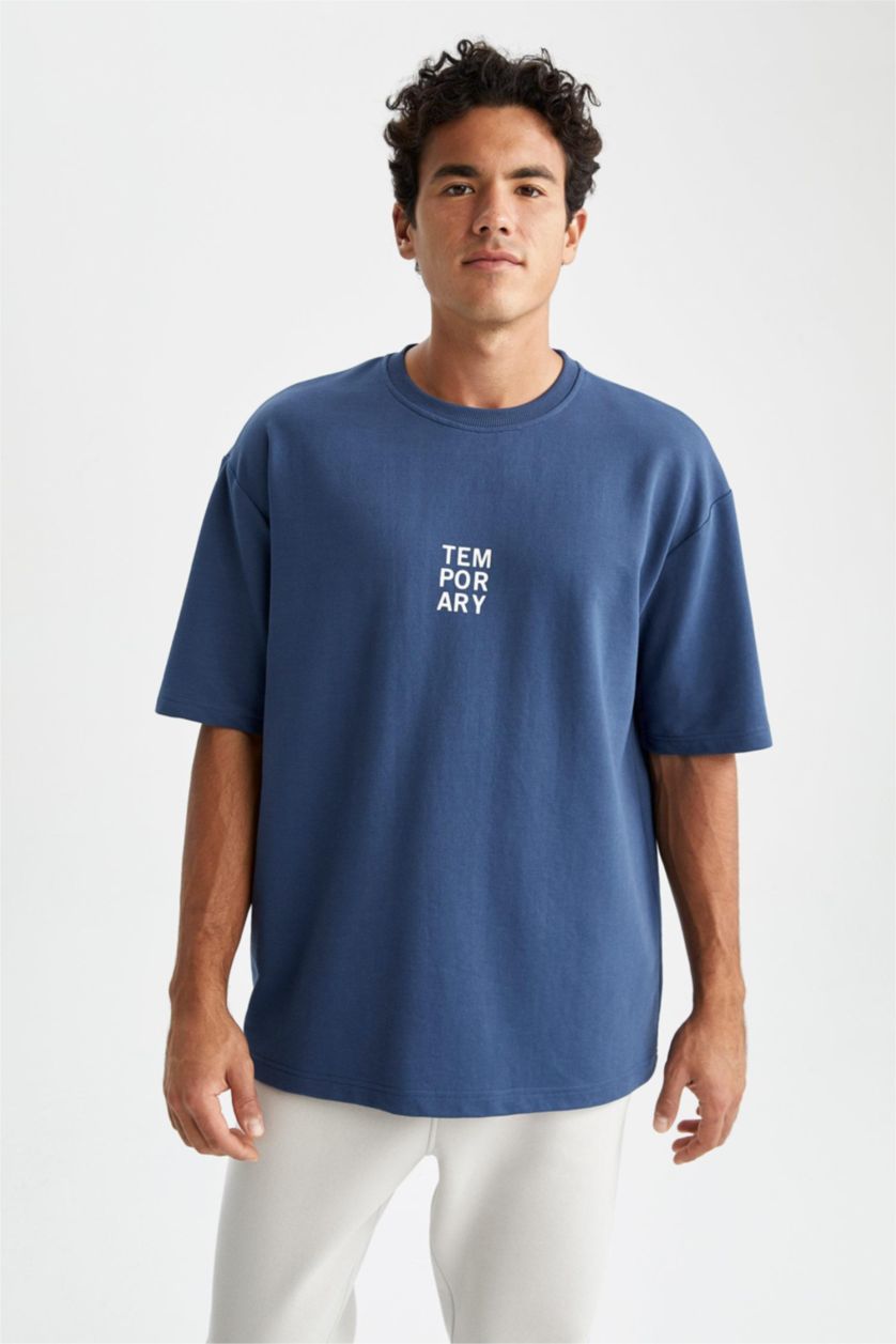 Man Indigo Defacto Fit Oversize Fit Crew Neck Sportsman T-Shirt