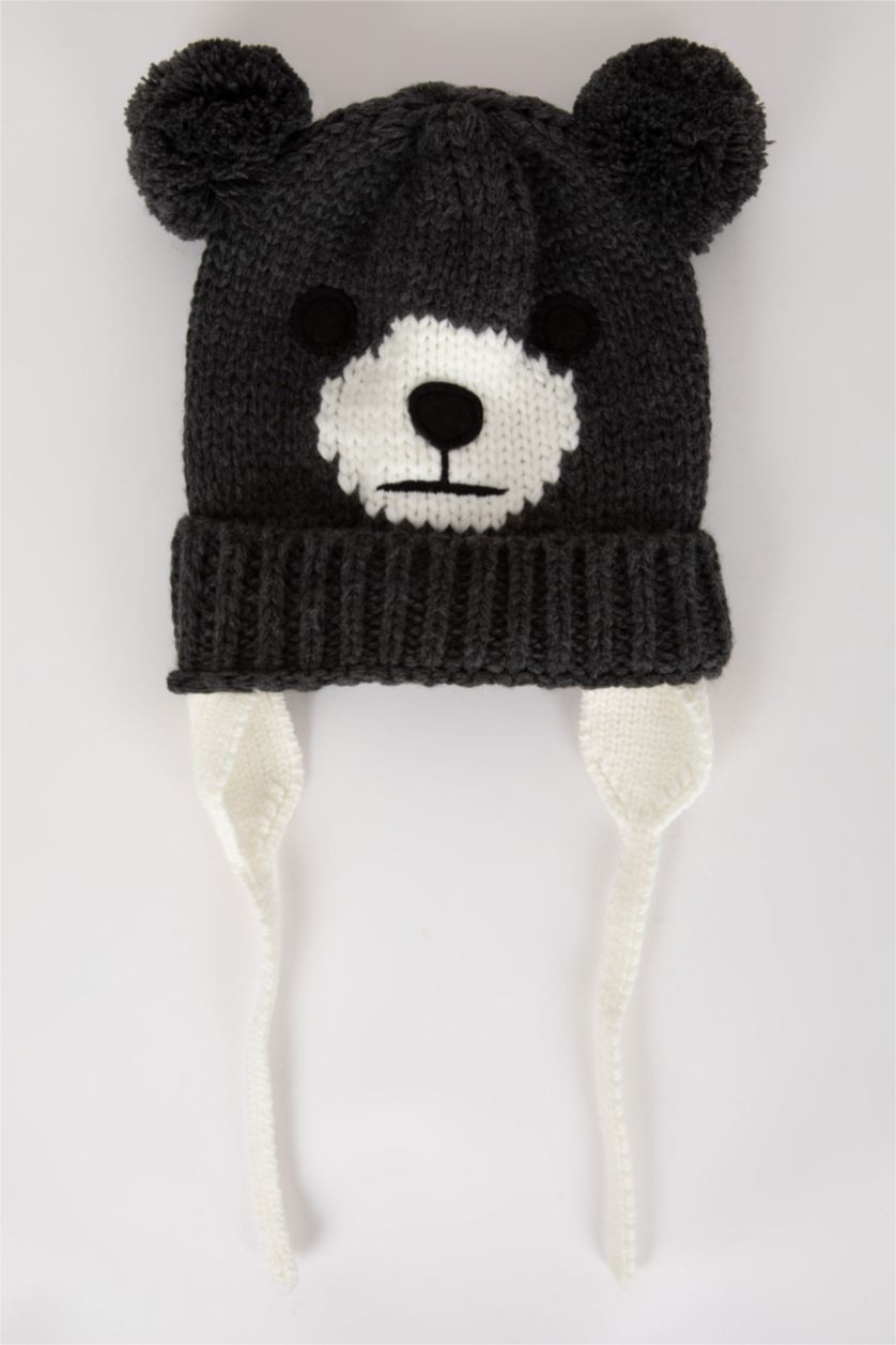 طفل صغير أنثرا قبعة منسوجة ولادية بطابات بونبون منقوش بصورة الدب