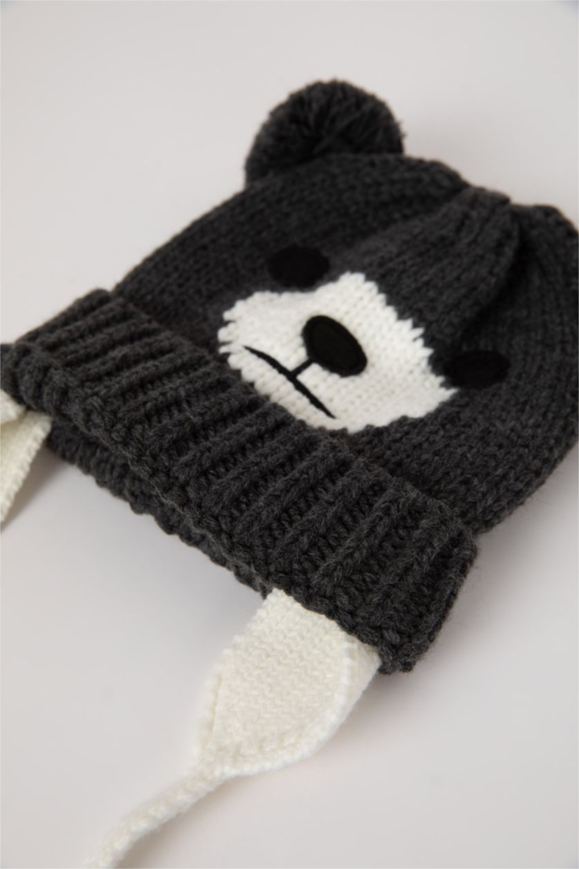 طفل صغير أنثرا قبعة منسوجة ولادية بطابات بونبون منقوش بصورة الدب