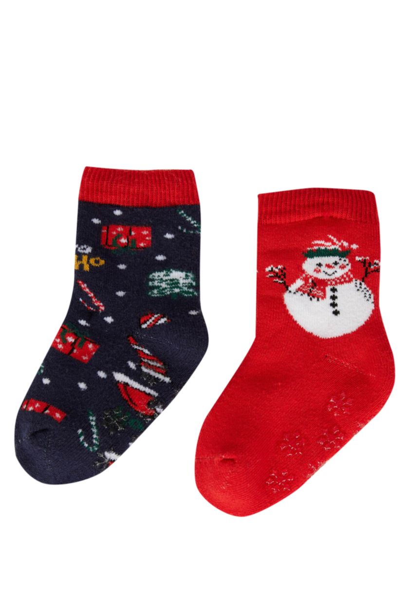 Erkek Bebek Karma Yılbaşı Temalı Kaydırmaz Taban 2'li Pamuklu Uzun Çorap Erkek Bebek