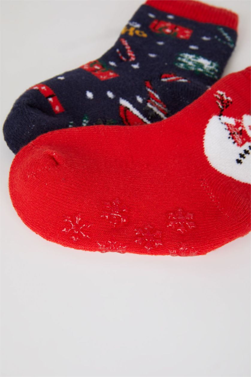 Erkek Bebek Karma Yılbaşı Temalı Kaydırmaz Taban 2'li Pamuklu Uzun Çorap Erkek Bebek