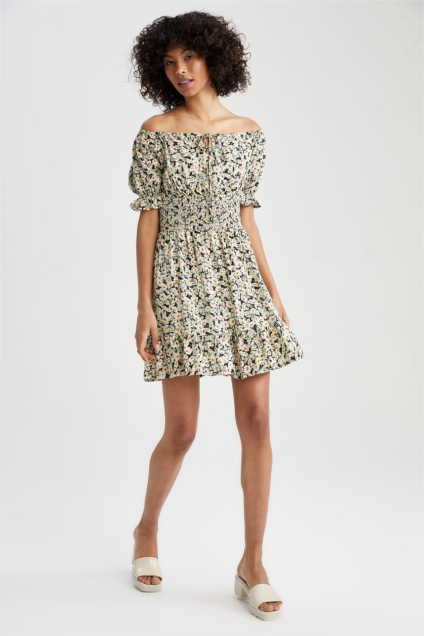 Woman Ecru Patterned Carmen Collar Guipede Viscose Midi Dress