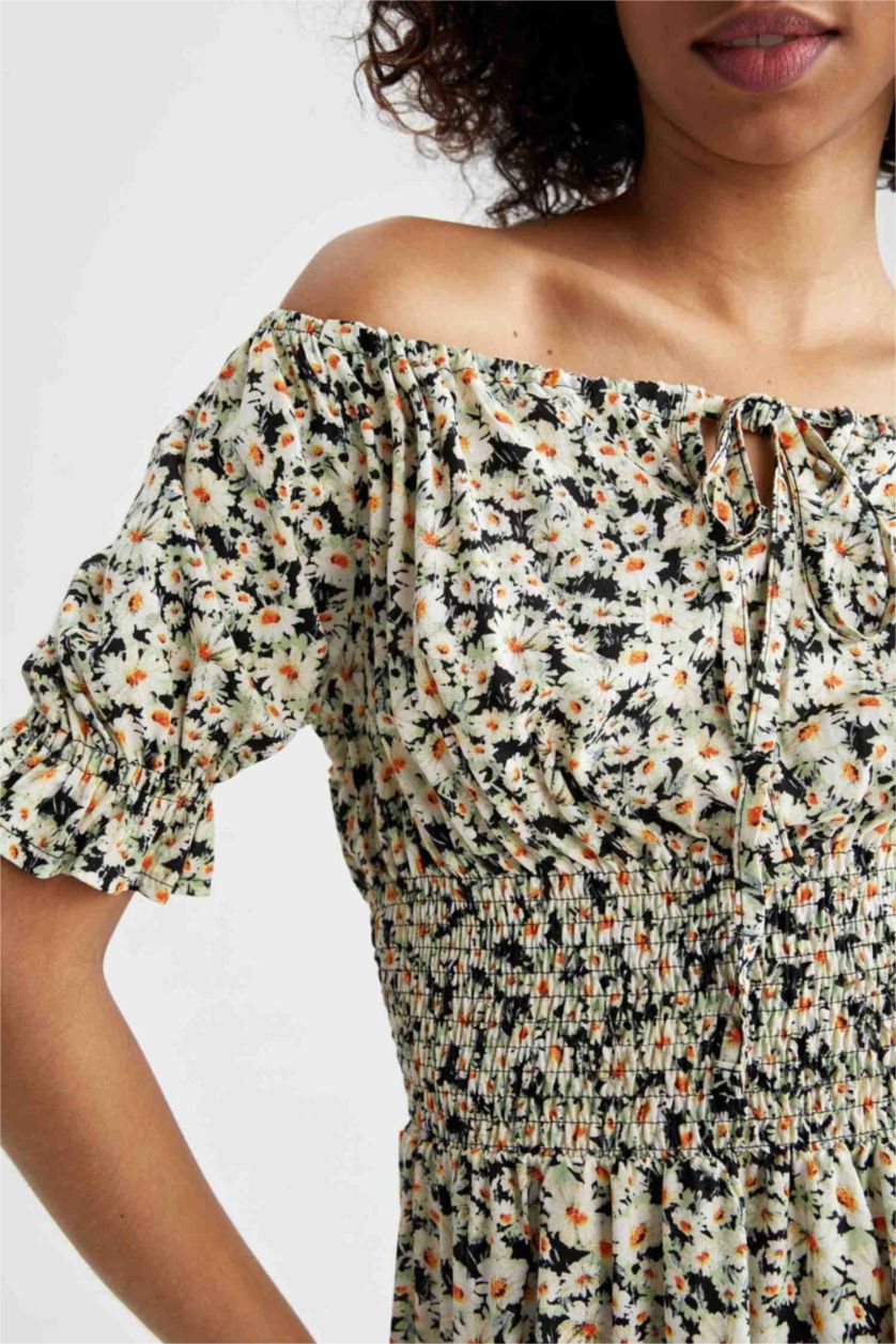 Woman Ecru Patterned Carmen Collar Guipede Viscose Midi Dress