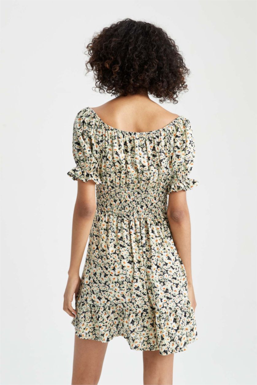 Woman Ecru Patterned Carmen Collar Guipede Viscose Midi Dress