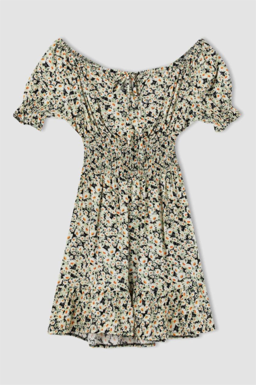 Woman Ecru Patterned Carmen Collar Guipede Viscose Midi Dress