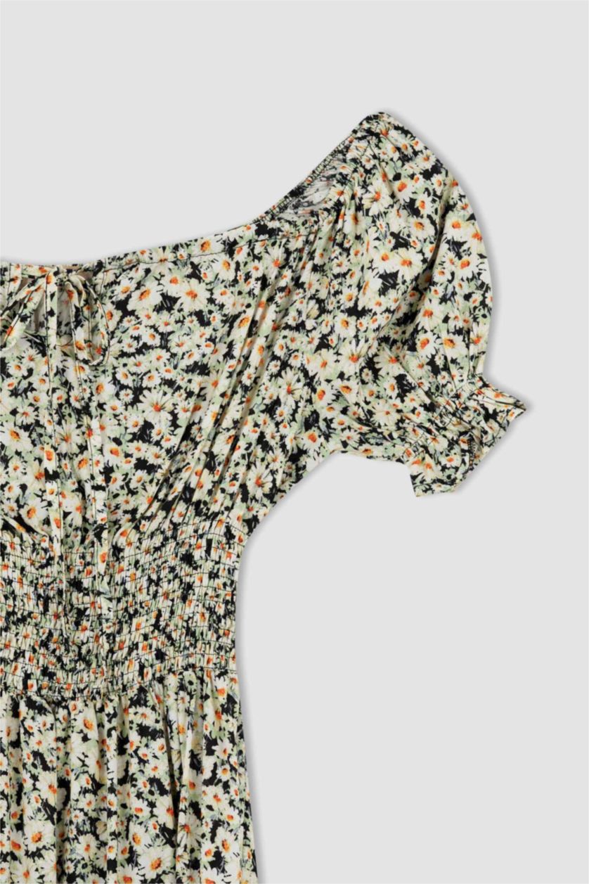 Woman Ecru Patterned Carmen Collar Guipede Viscose Midi Dress