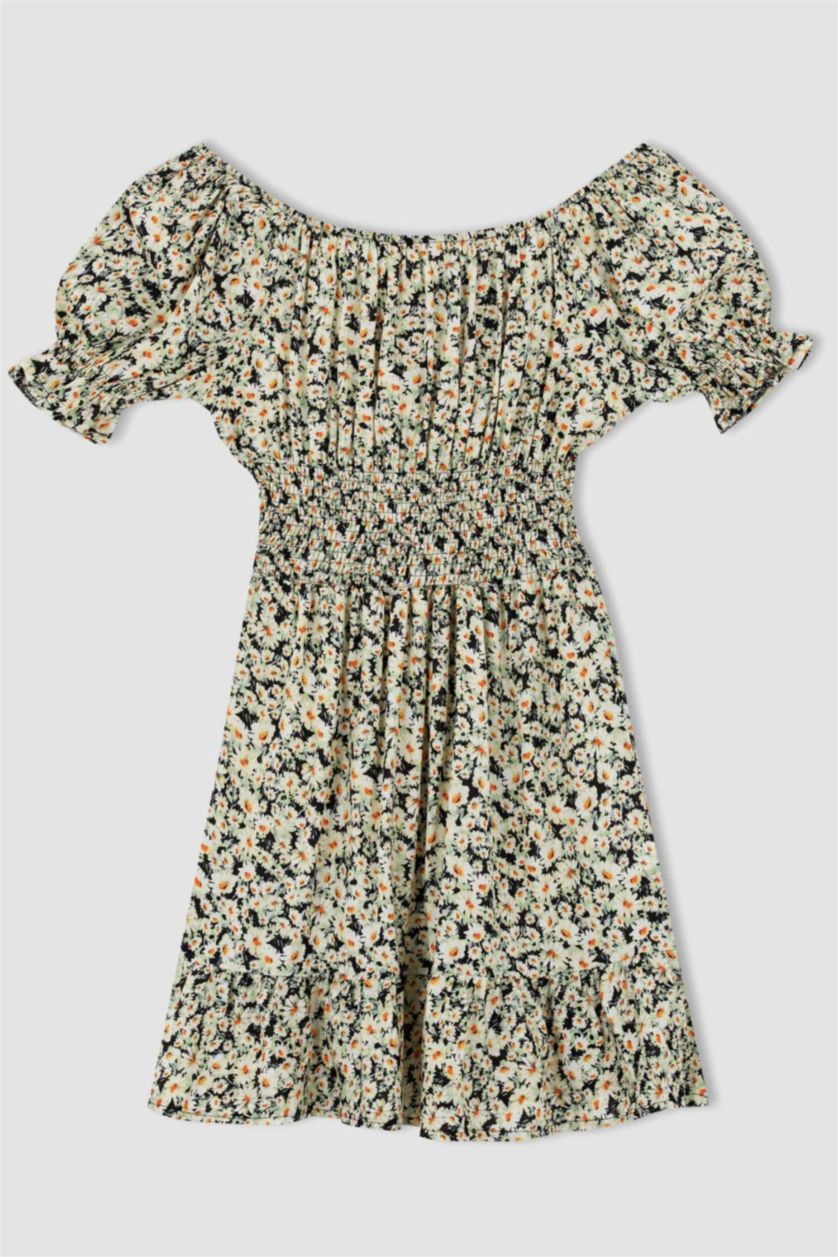 Woman Ecru Patterned Carmen Collar Guipede Viscose Midi Dress