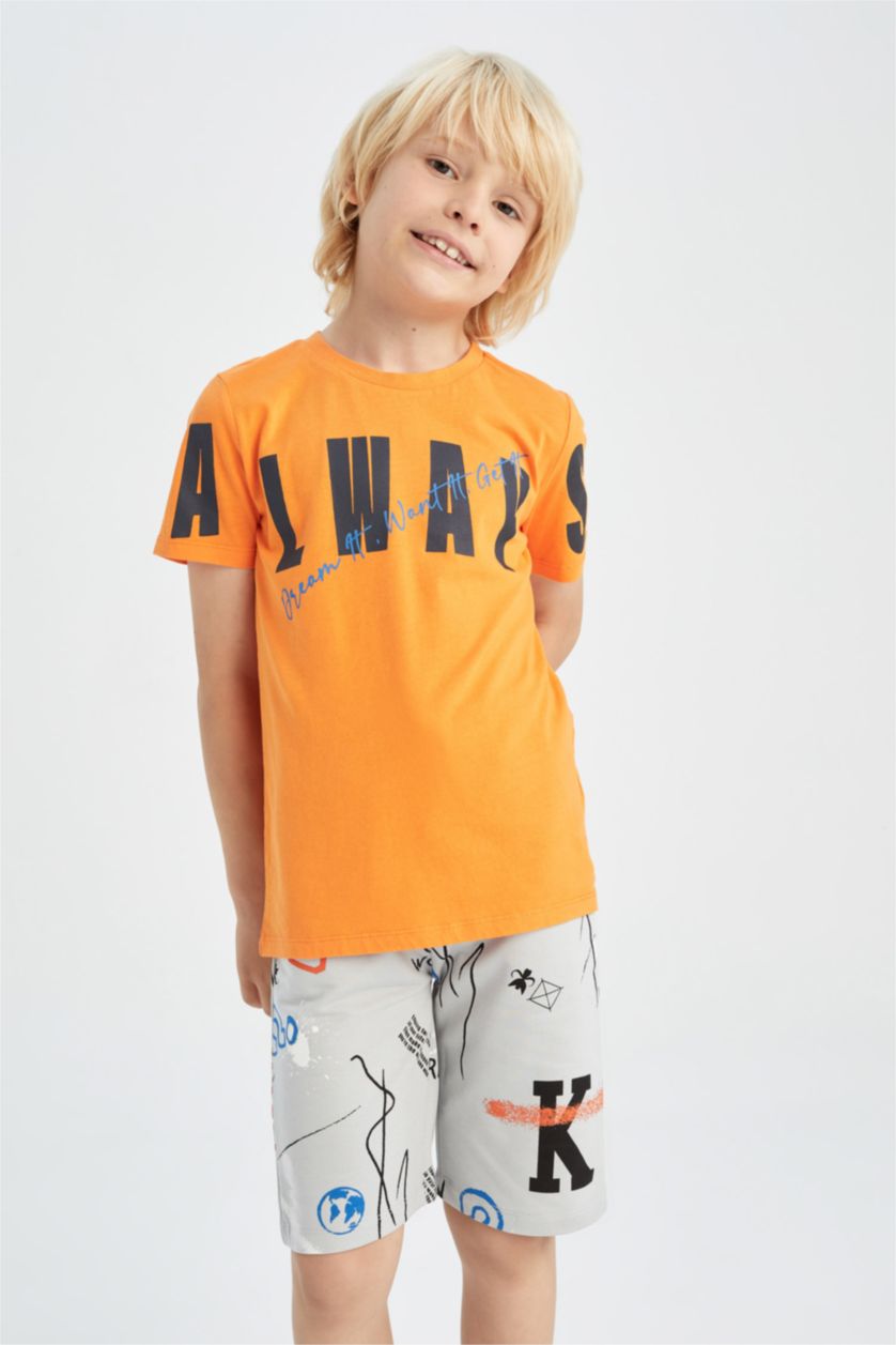 أولادي برتقالي تيشيرت نص كم قصة عادية برقبة مستديرة