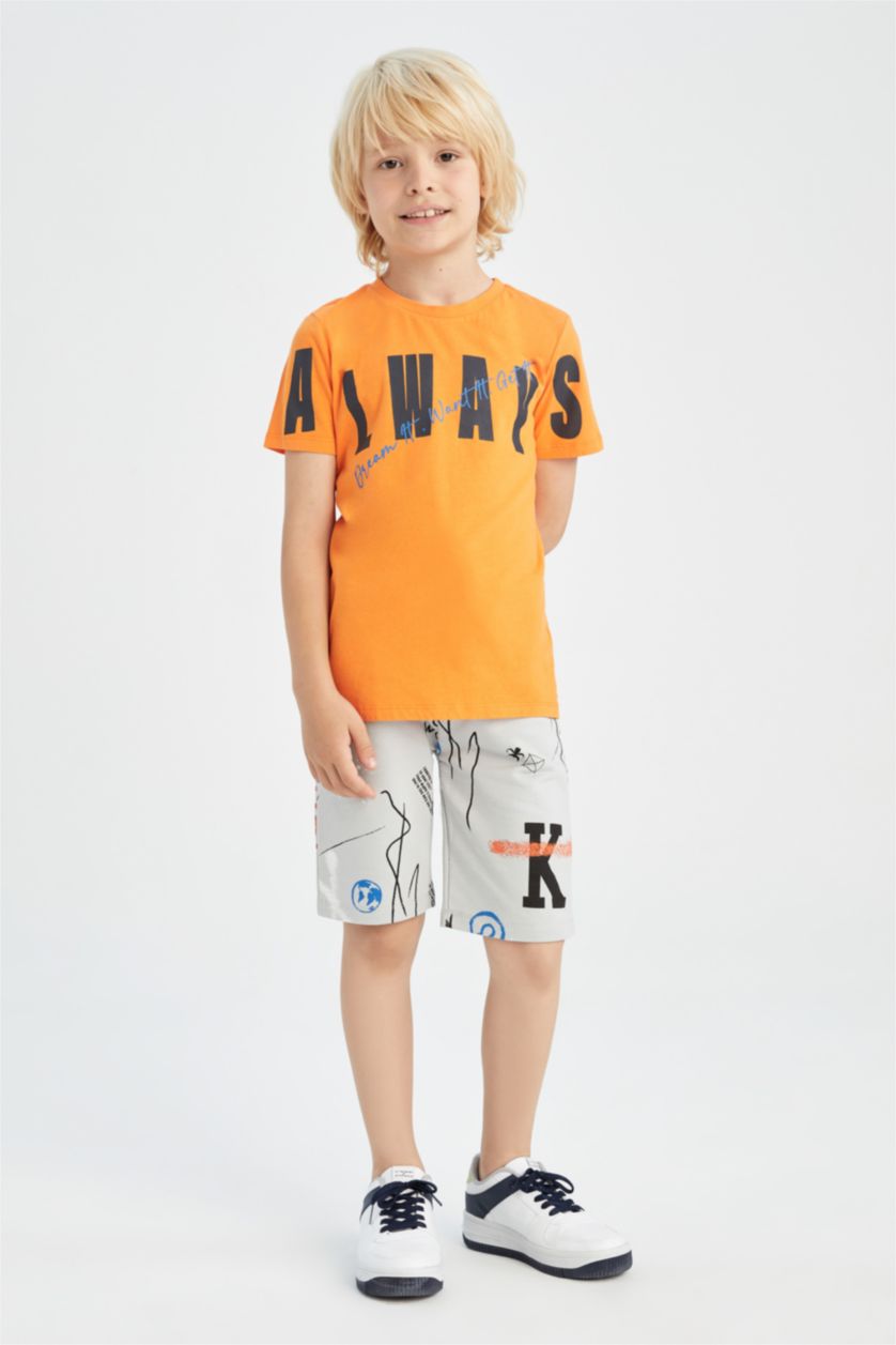 أولادي برتقالي تيشيرت نص كم قصة عادية برقبة مستديرة