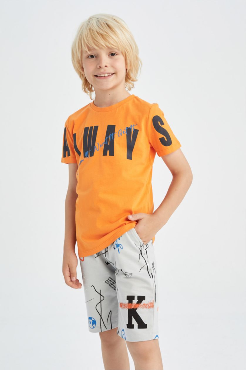 أولادي برتقالي تيشيرت نص كم قصة عادية برقبة مستديرة