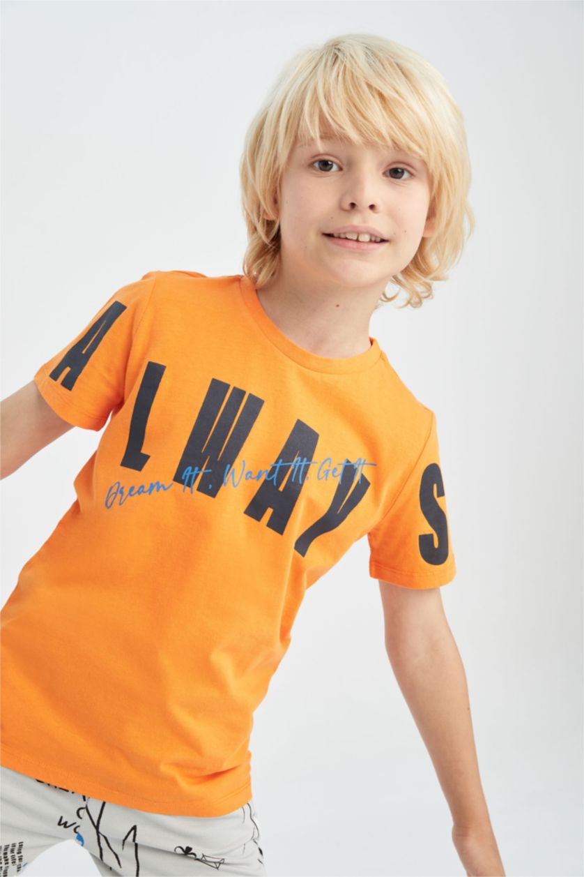 أولادي برتقالي تيشيرت نص كم قصة عادية برقبة مستديرة