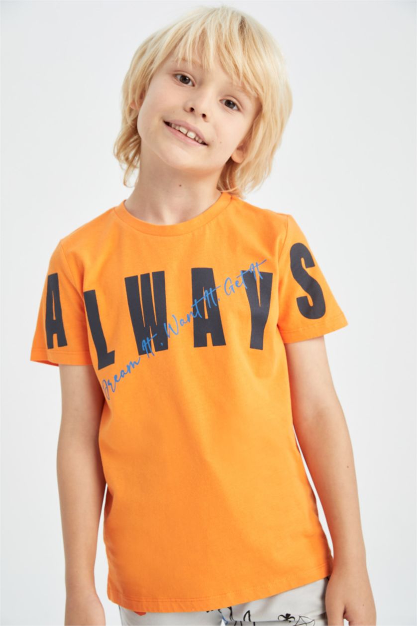 أولادي برتقالي تيشيرت نص كم قصة عادية برقبة مستديرة