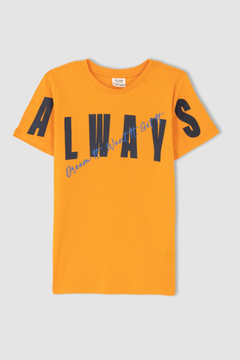 أولادي برتقالي تيشيرت نص كم قصة عادية برقبة مستديرة