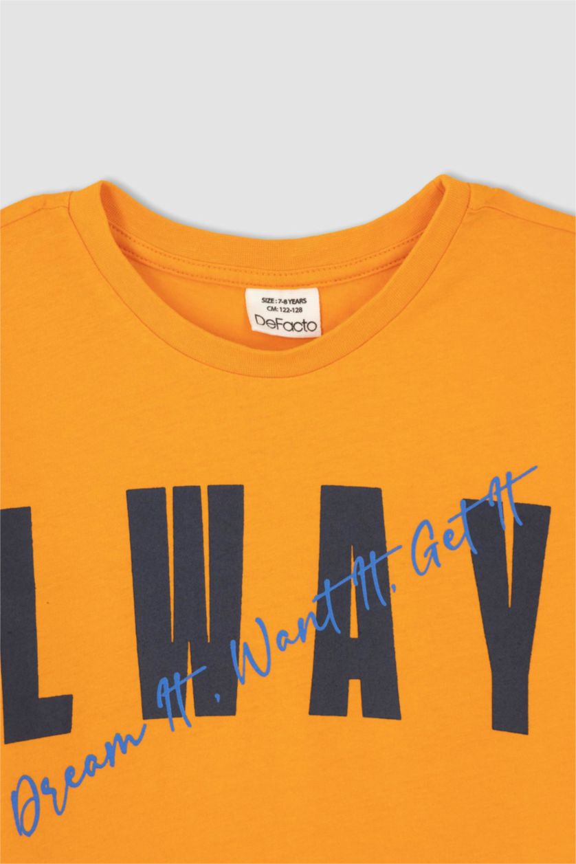 أولادي برتقالي تيشيرت نص كم قصة عادية برقبة مستديرة