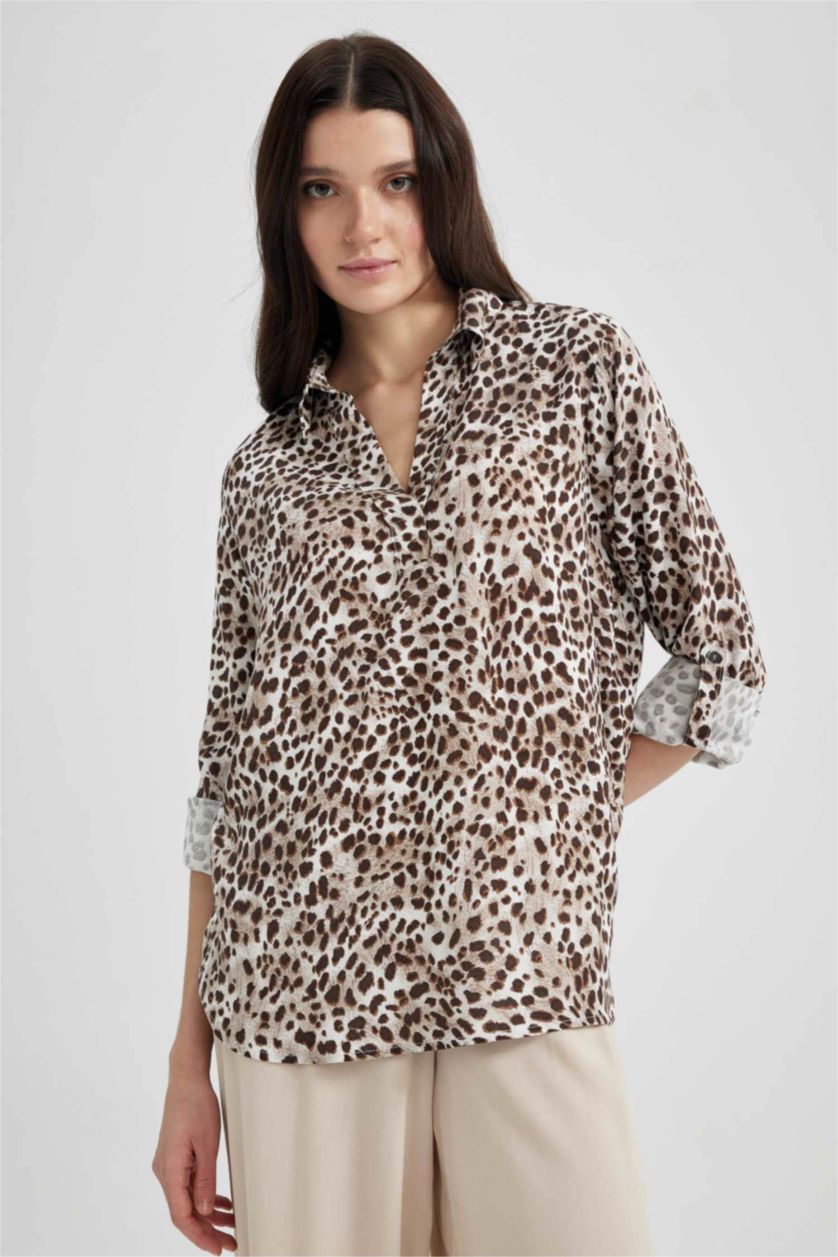 WOMAN Beige Regular Fit Flap Collar Long Sleeve Blouse