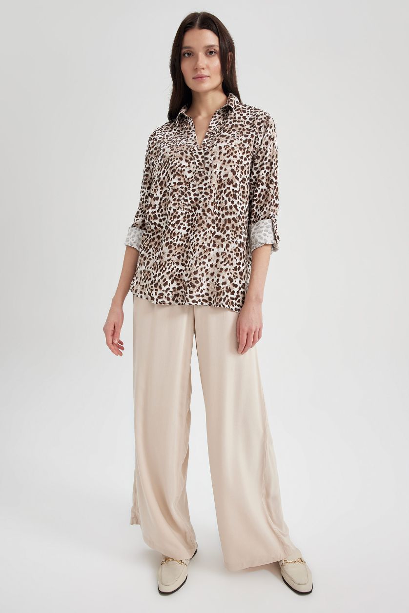 WOMAN Beige Regular Fit Flap Collar Long Sleeve Blouse