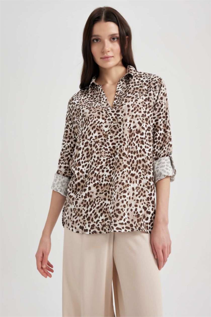 WOMAN Beige Regular Fit Flap Collar Long Sleeve Blouse