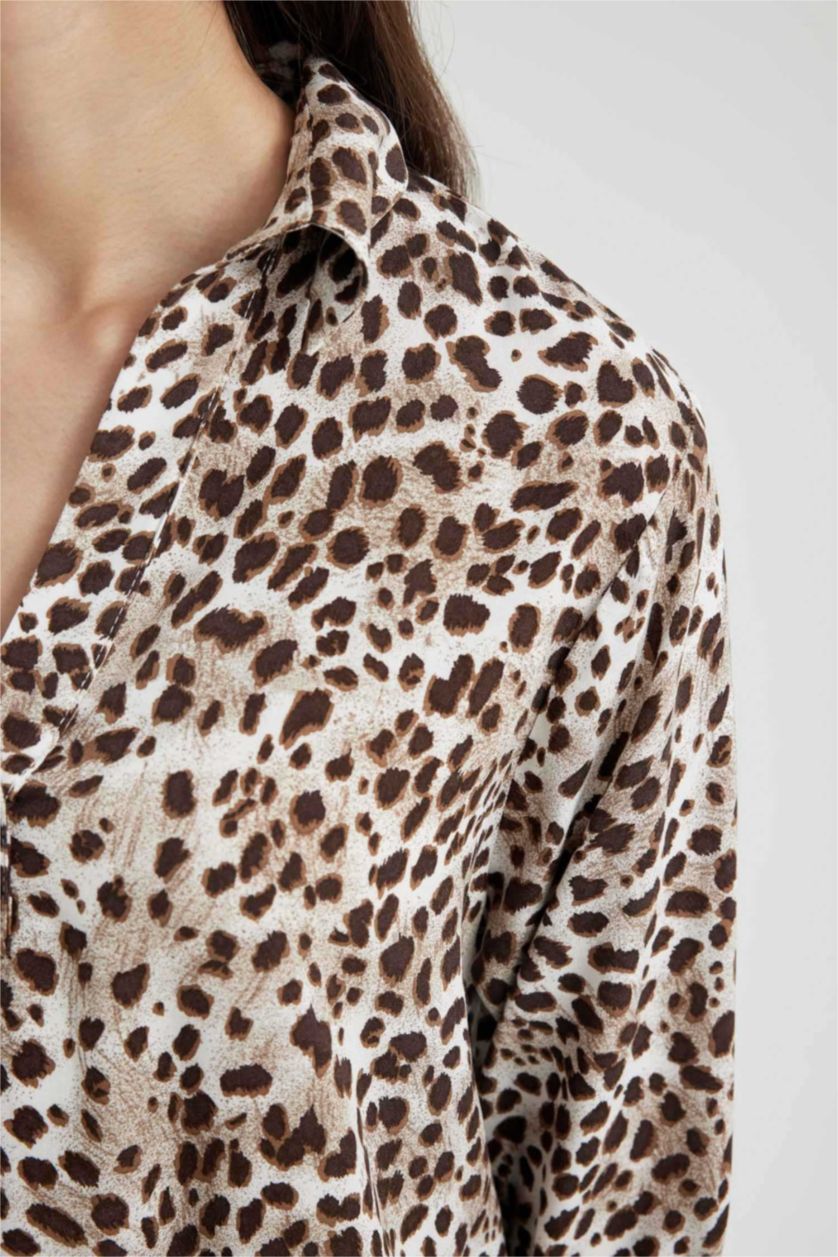 WOMAN Beige Regular Fit Flap Collar Long Sleeve Blouse