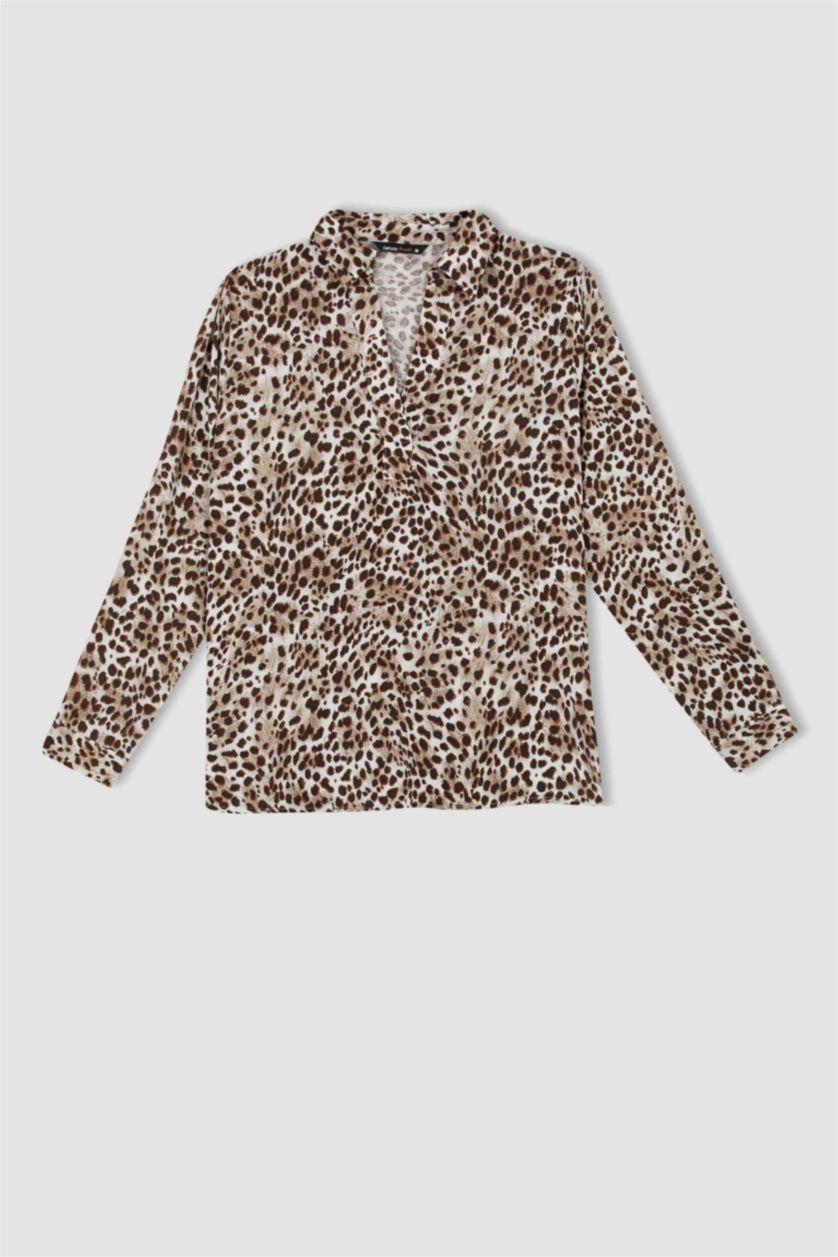 WOMAN Beige Regular Fit Flap Collar Long Sleeve Blouse