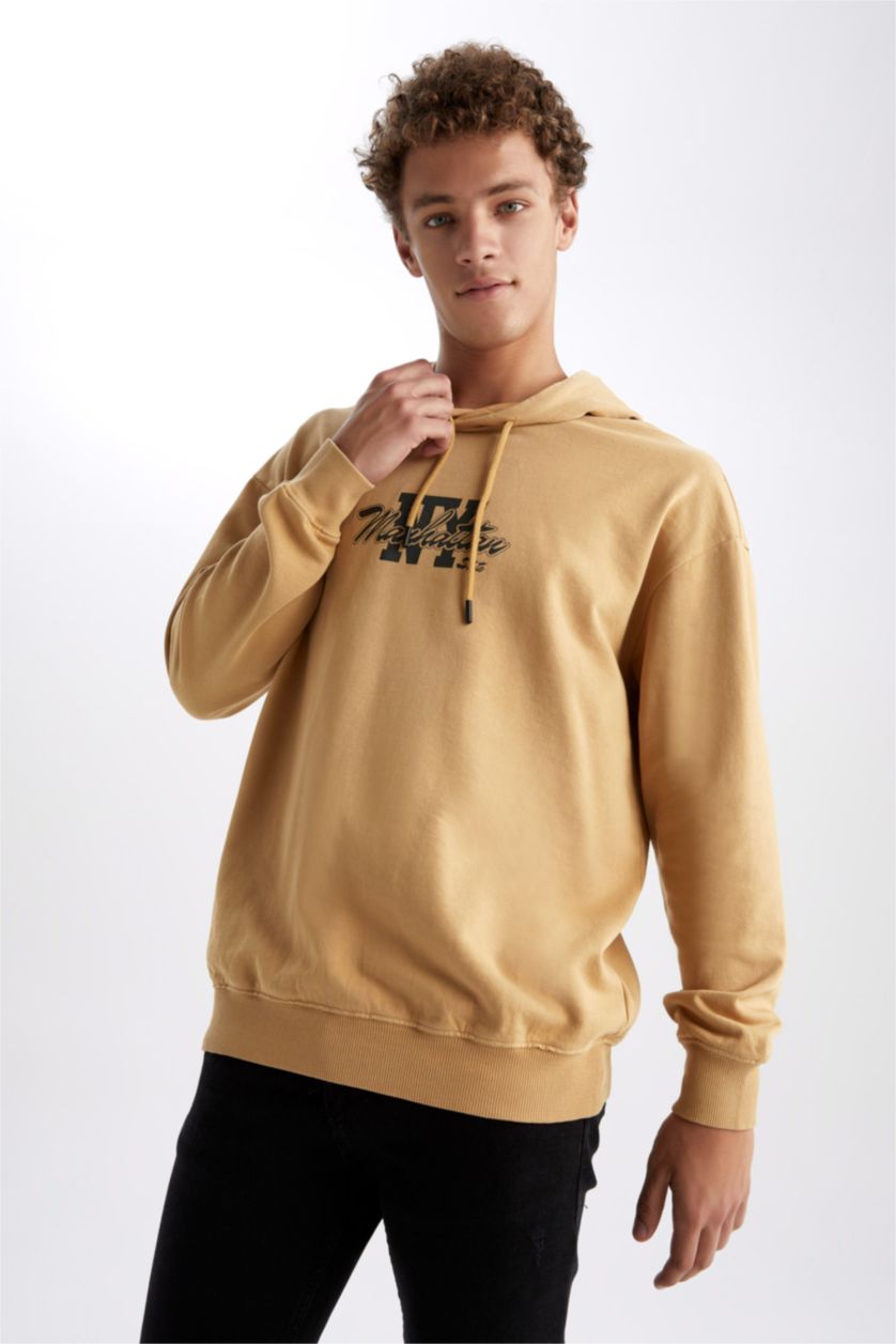 MAN Camel Boxy Fit Hooded Printed Sweatshirt