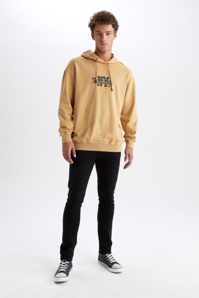 MAN Camel Boxy Fit Hooded Printed Sweatshirt