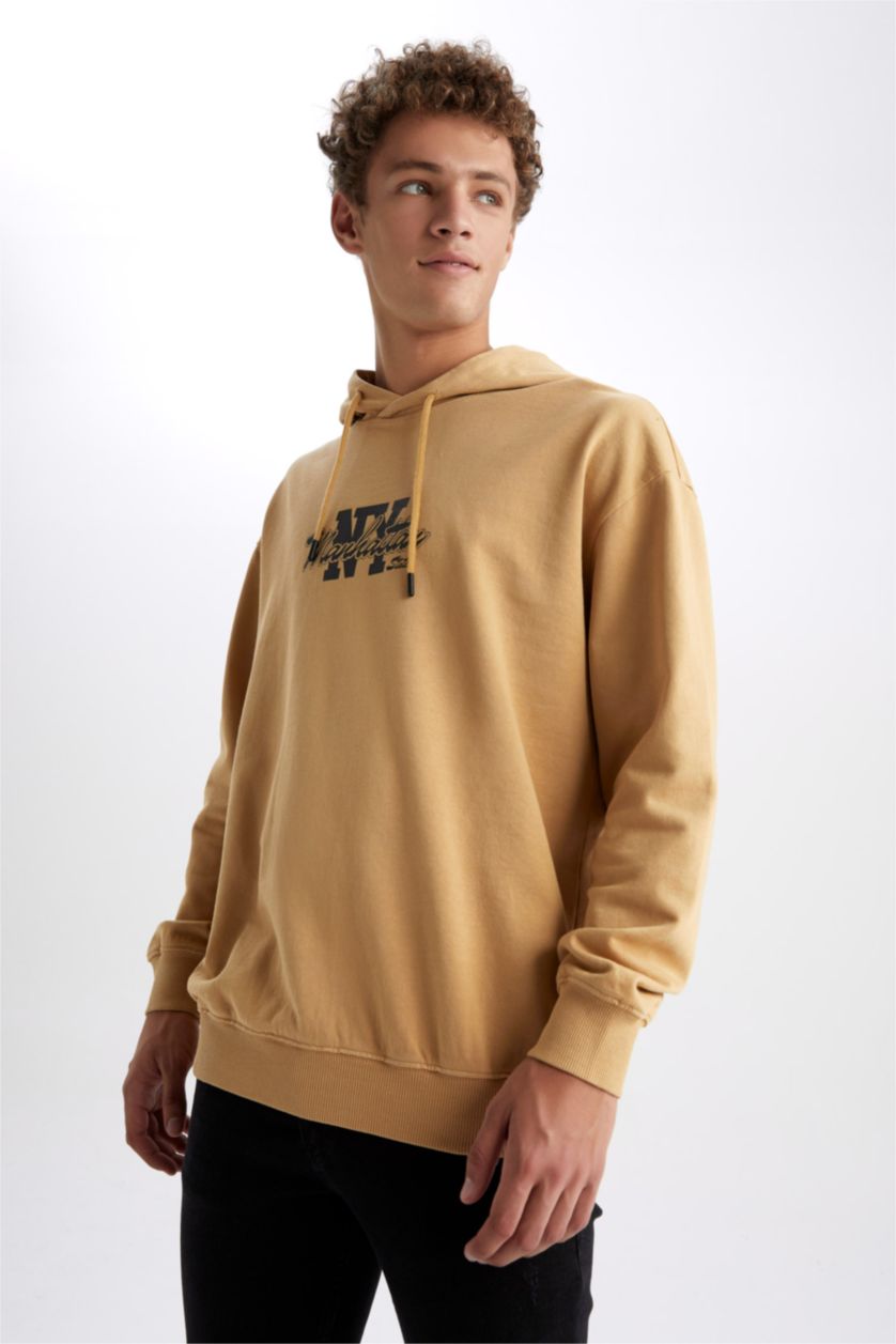 MAN Camel Boxy Fit Hooded Printed Sweatshirt