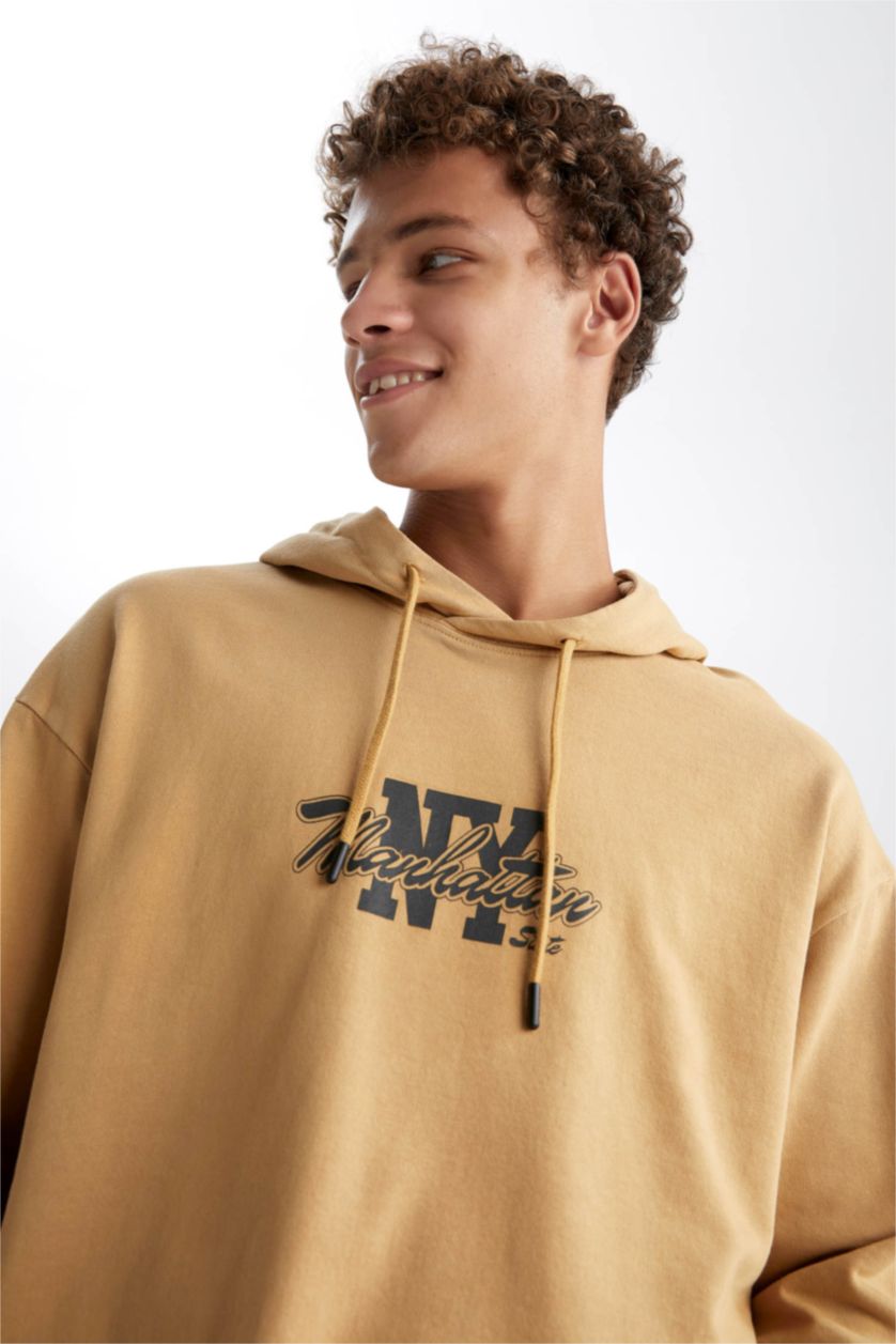 MAN Camel Boxy Fit Hooded Printed Sweatshirt