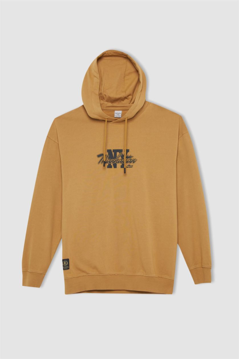 MAN Camel Boxy Fit Hooded Printed Sweatshirt