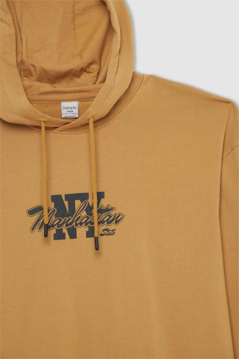 MAN Camel Boxy Fit Hooded Printed Sweatshirt