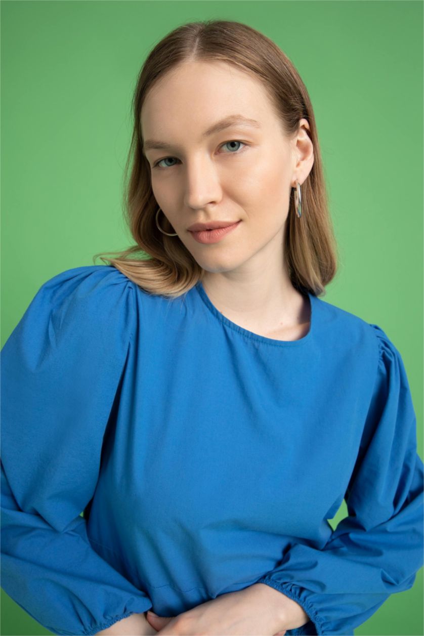 نساء أزرق فستان كم طويل طويل بوبلين بياقة مستديرة