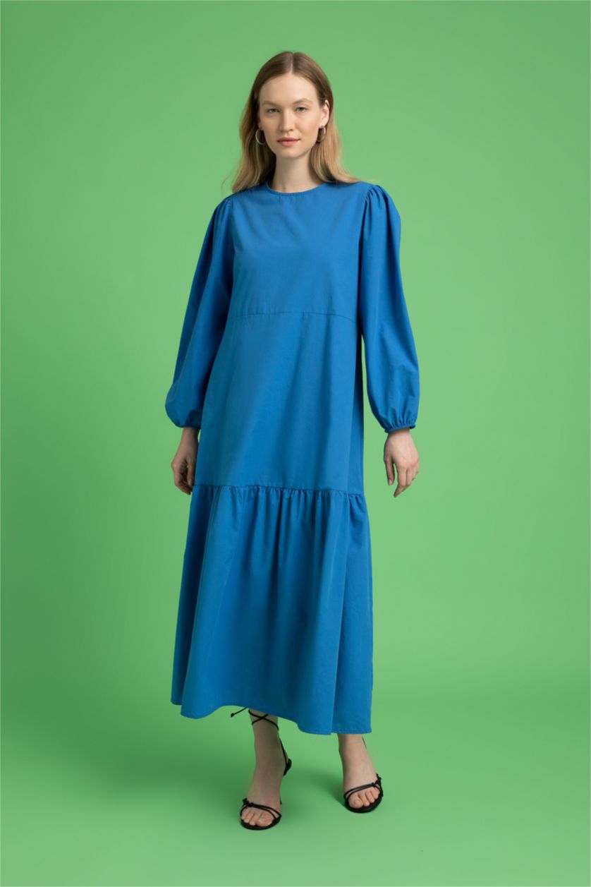 نساء أزرق فستان كم طويل طويل بوبلين بياقة مستديرة