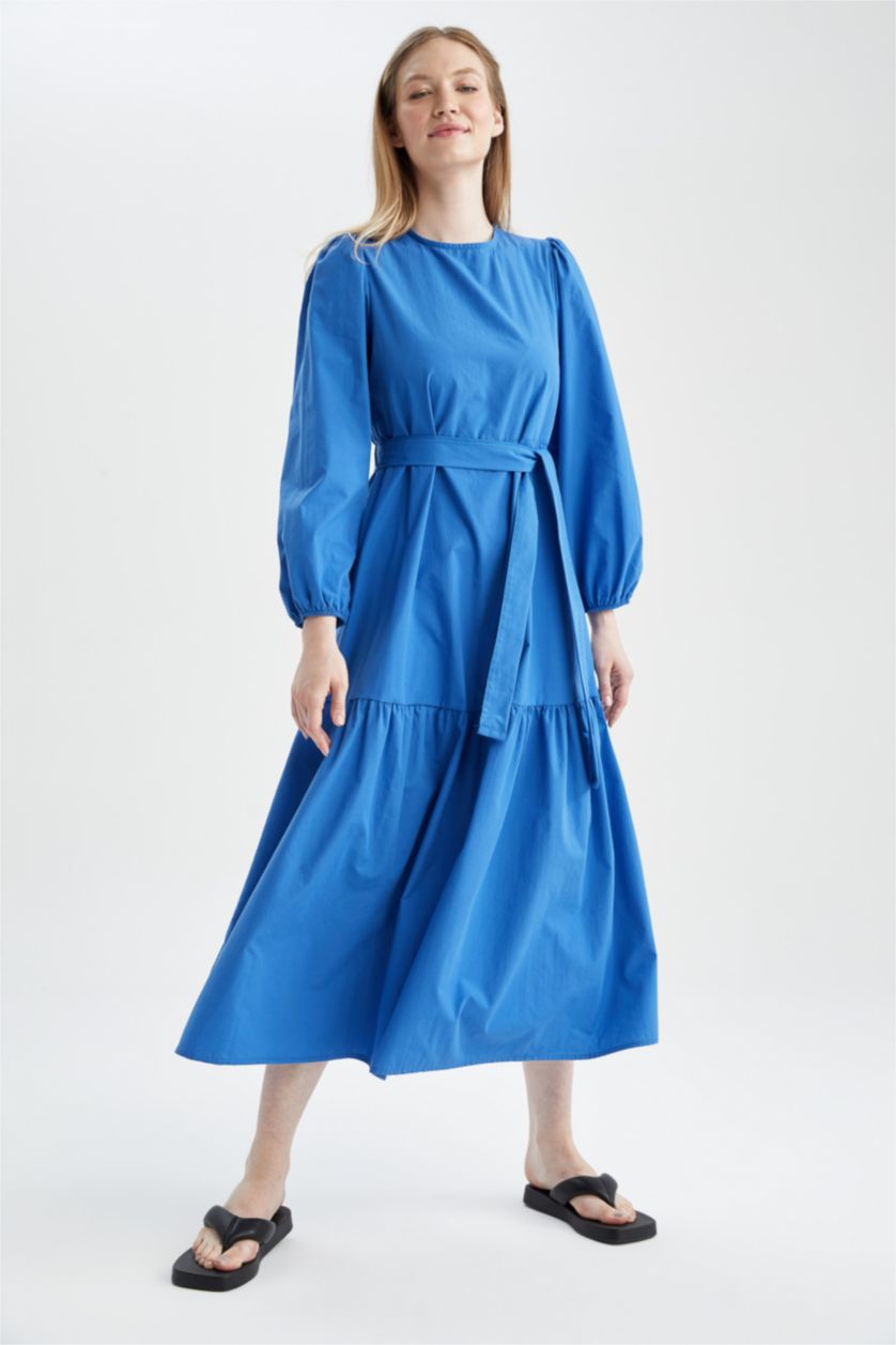 نساء أزرق فستان كم طويل طويل بوبلين بياقة مستديرة