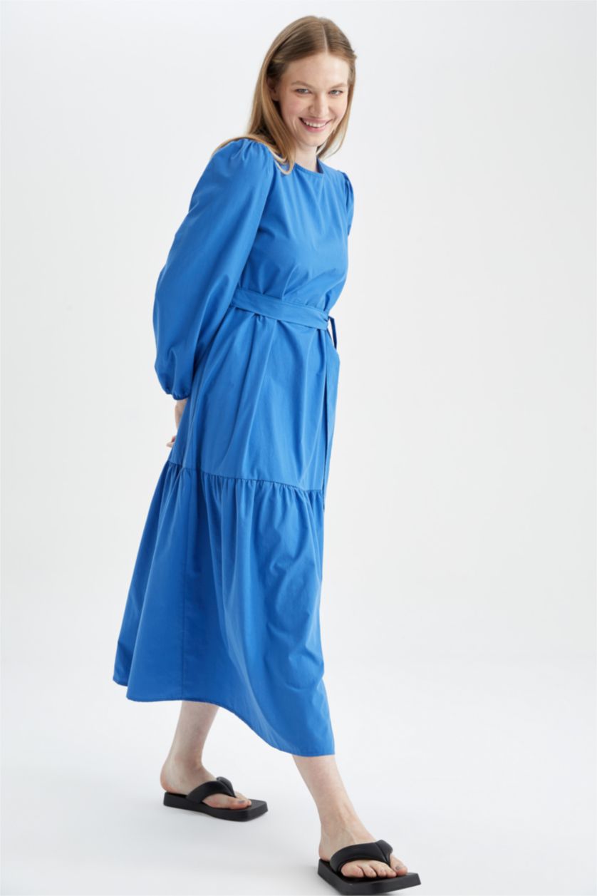 نساء أزرق فستان كم طويل طويل بوبلين بياقة مستديرة