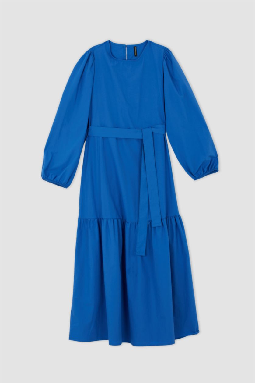 نساء أزرق فستان كم طويل طويل بوبلين بياقة مستديرة