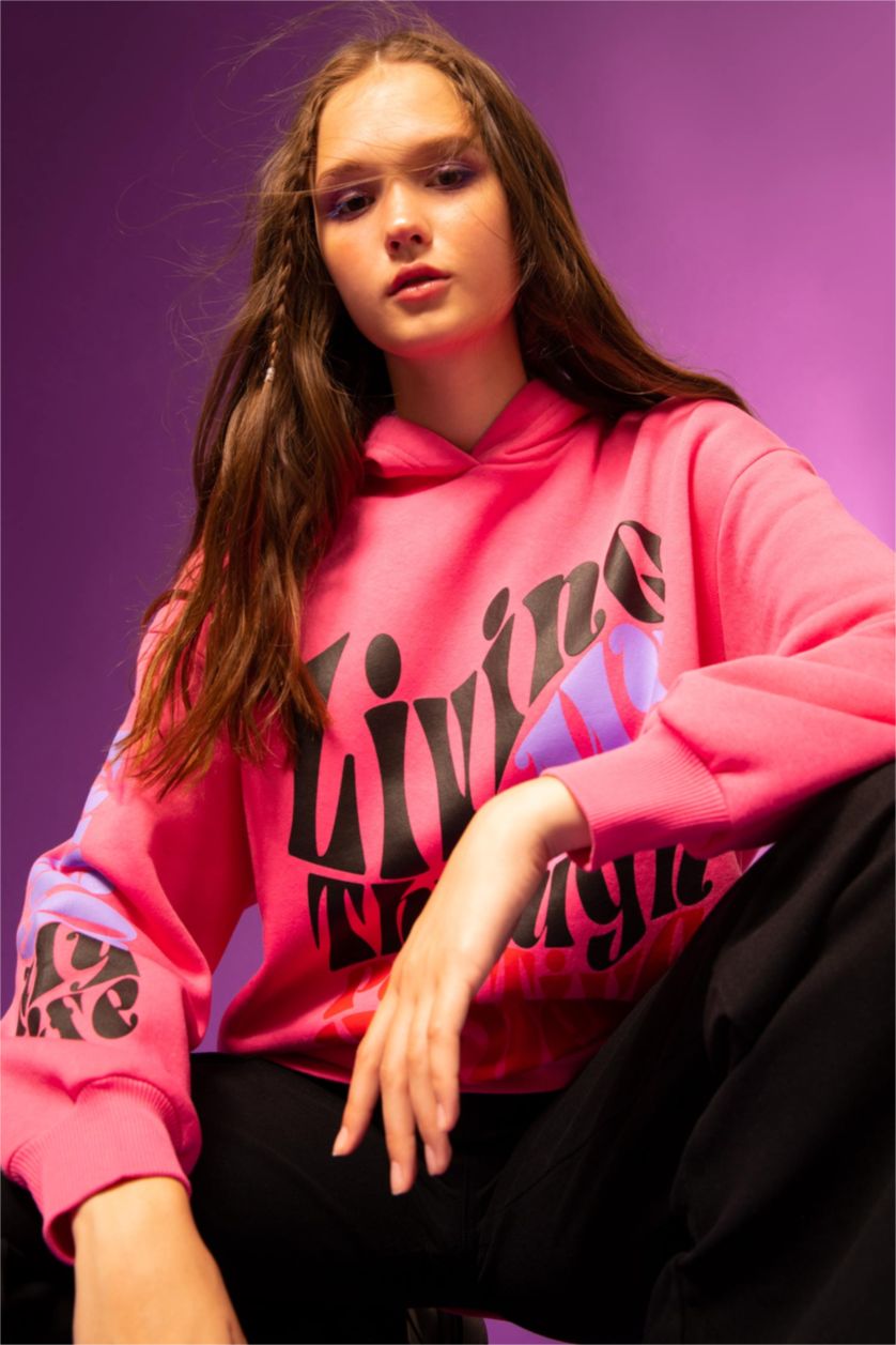 FEMME Rose Foncé Cool Oversize Fit Sweat-shirt en tissu épais imprimé à col rond