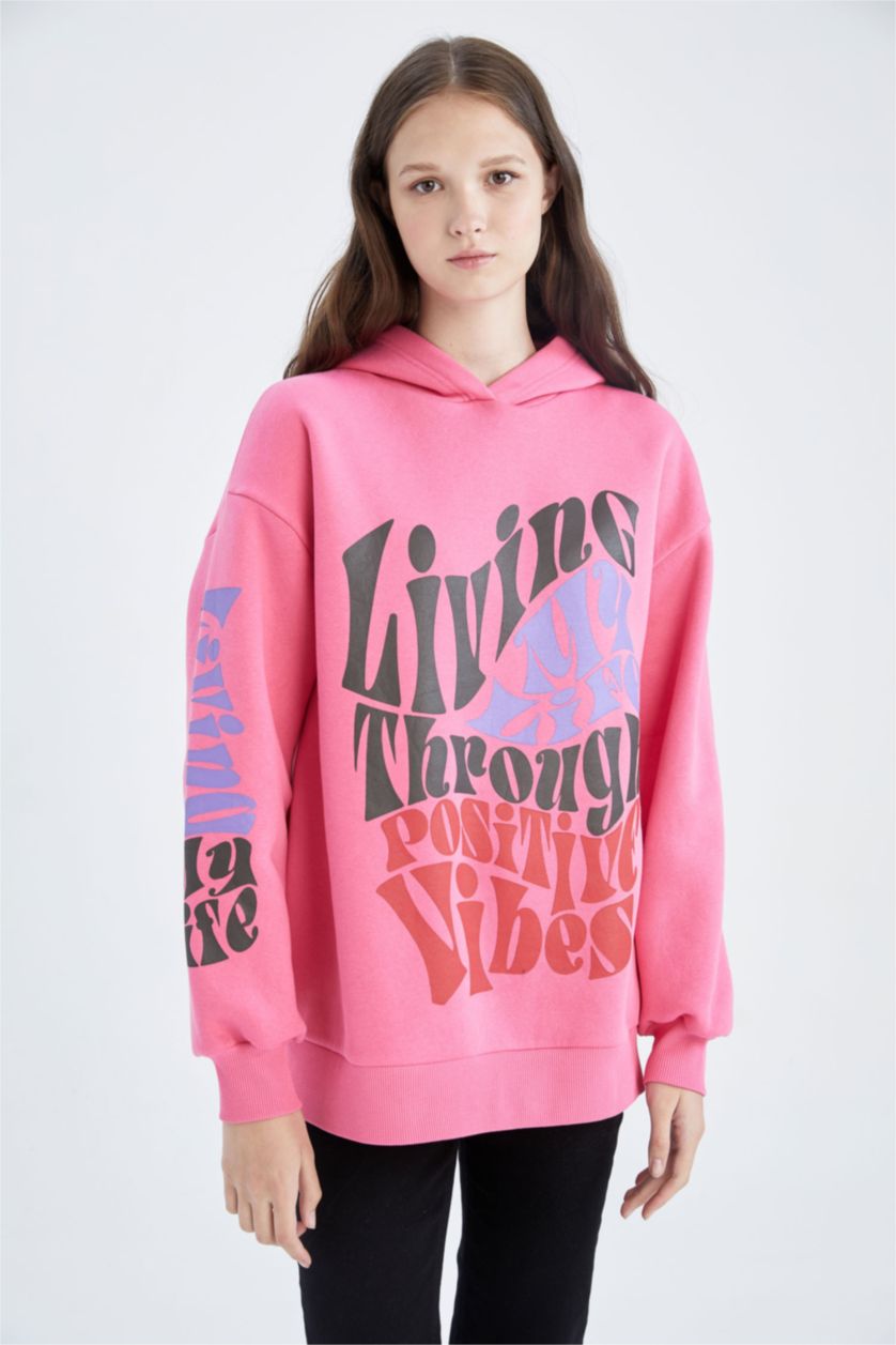 FEMME Rose Foncé Cool Oversize Fit Sweat-shirt en tissu épais imprimé à col rond