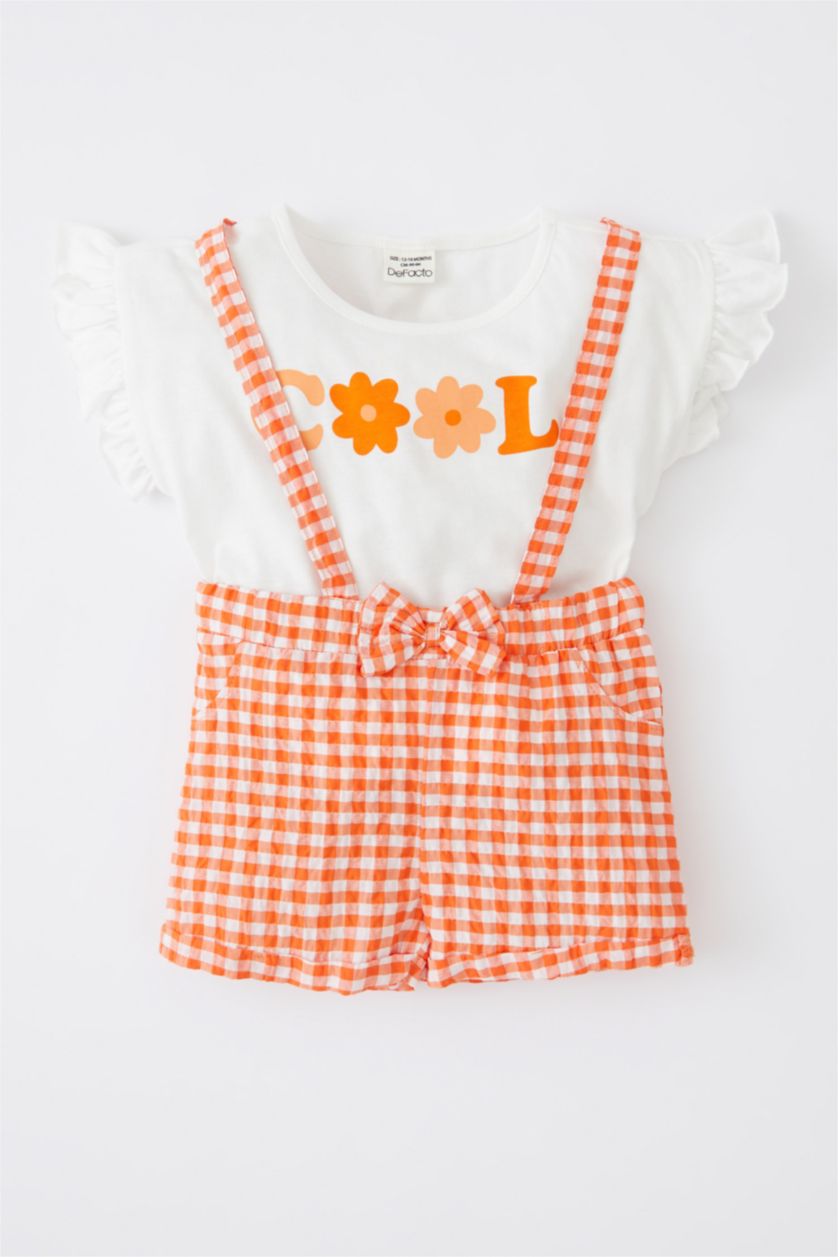 BÉBÉ FILLE Écru Ensemble En Tricot Col Ras Du Cou Vichy Manche Courte 2 BéBé Fille