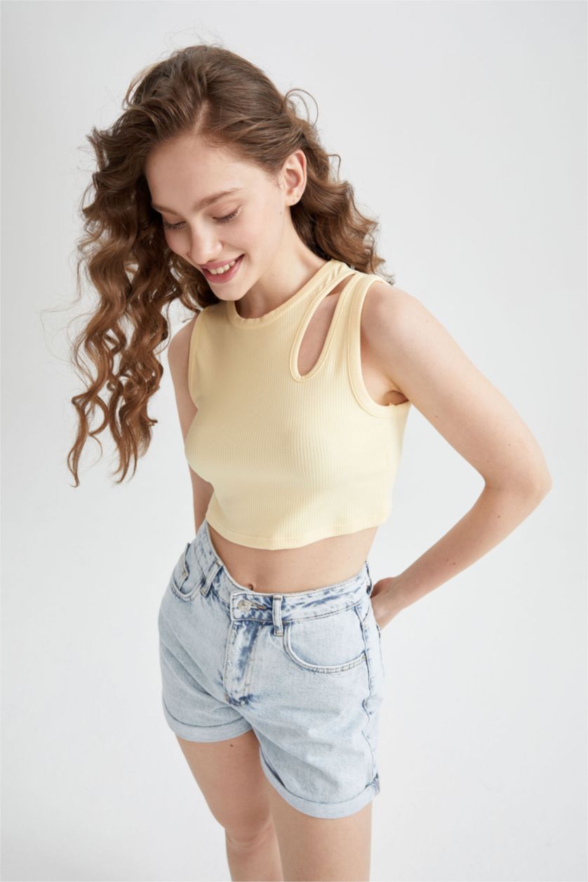 WOMAN Yellow Coool Fitted Halter Collar Rib Athlete