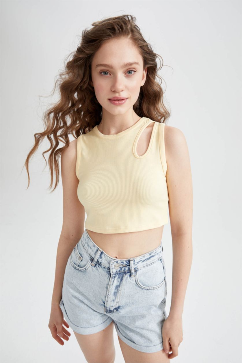 WOMAN Yellow Coool Fitted Halter Collar Rib Athlete